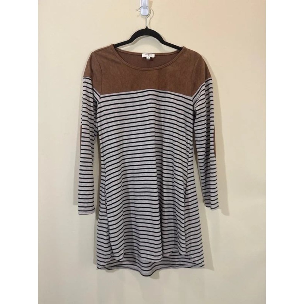 Umgee Striped Tunic Dress Small Brown Gray